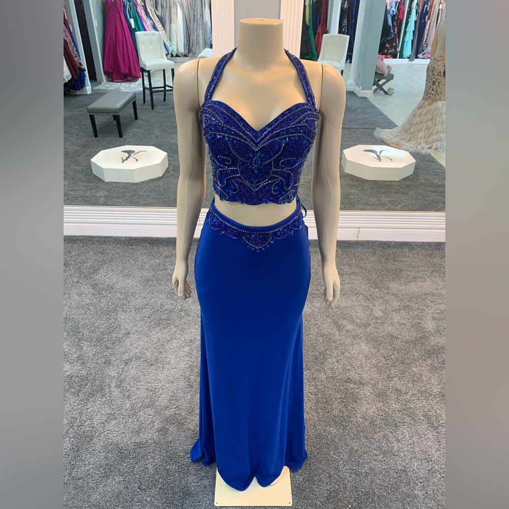 size 8 royal blue. trumpet halter top. beaded  beaded waist. open back